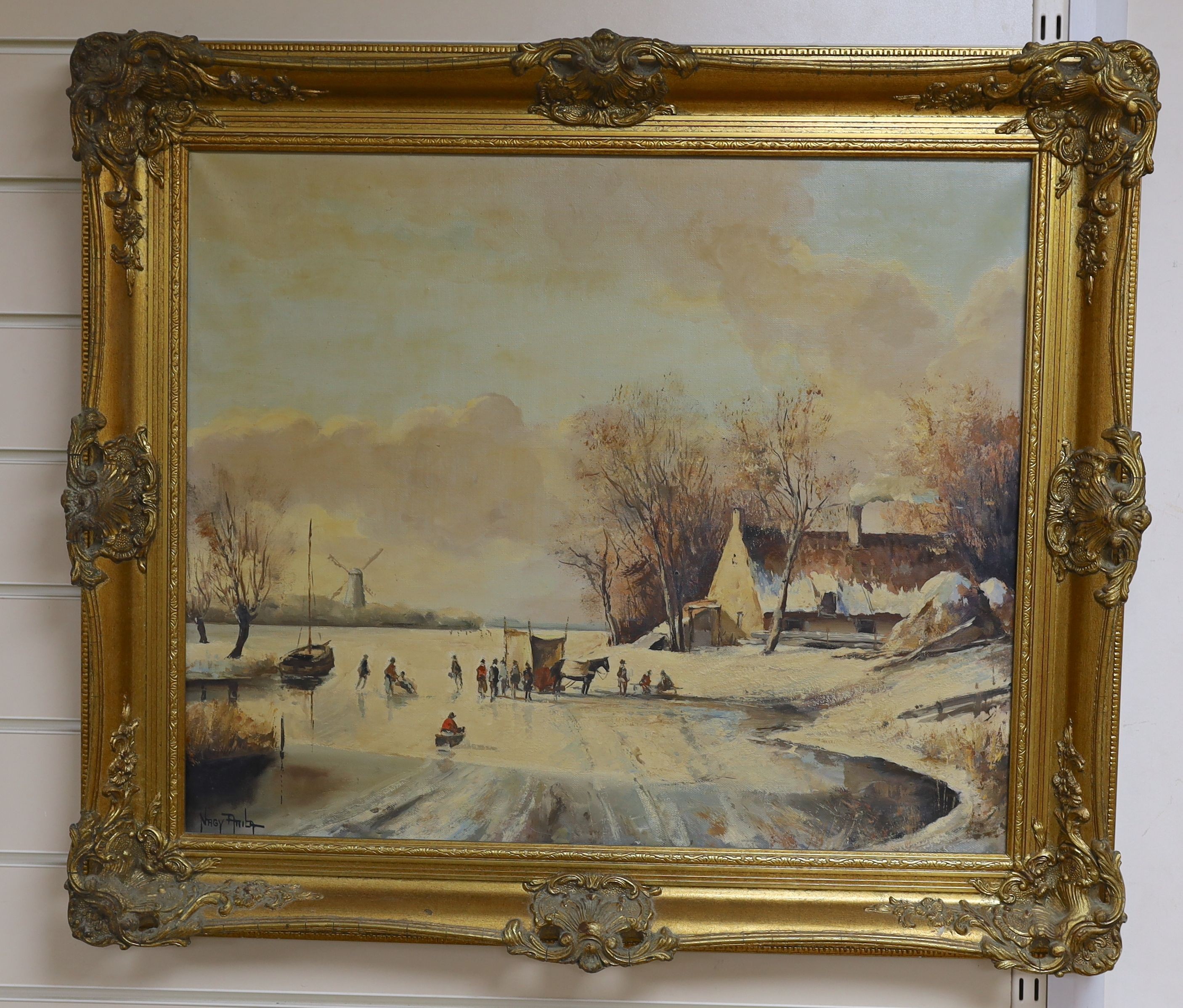 Anita Nagy, oil on canvas, Dutch winter landscape, signed, 50 x 60cm